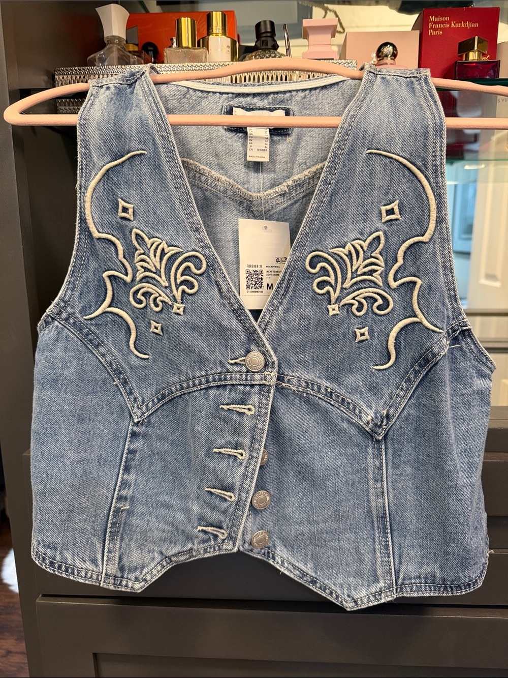 Denim Embroidered Western Vest - Light Blue